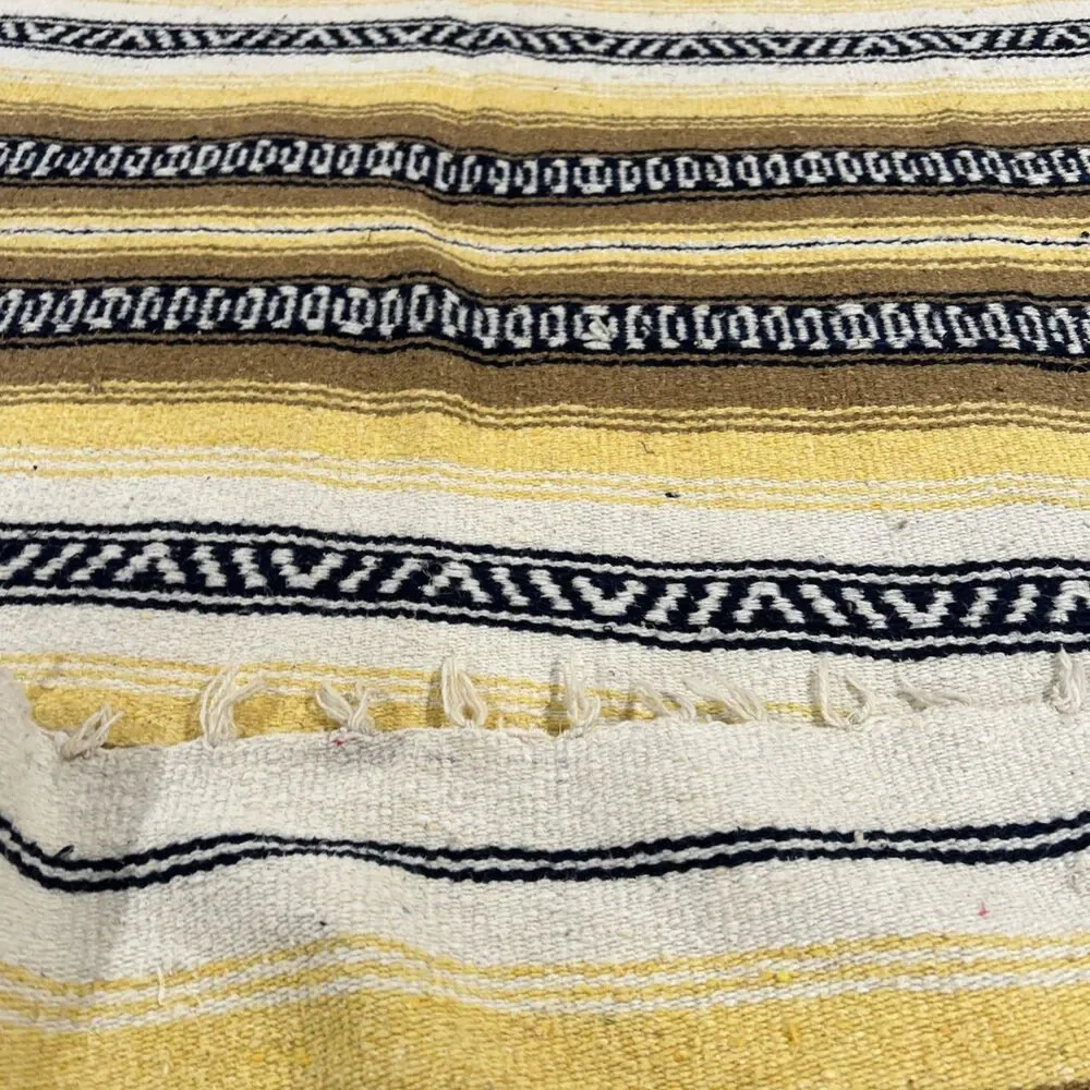 Traditional FALSA Mexican Hand Woven Sarape Throw Yellow, Black, Beige 53” X 86”
